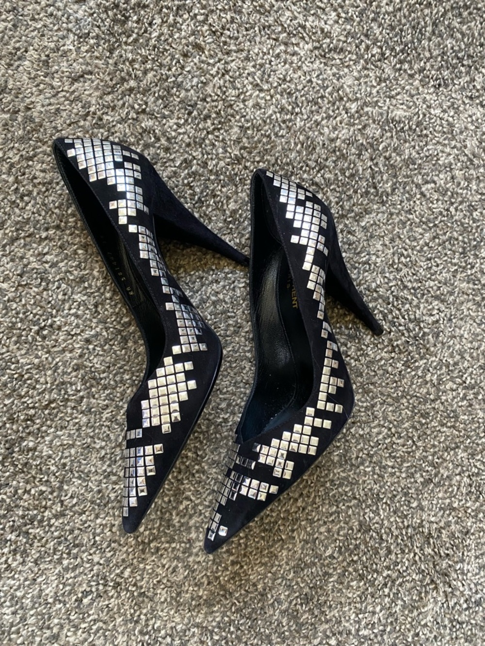 Yves Saint Laurent Black Pointed Pumps with Silver Mirror Accents